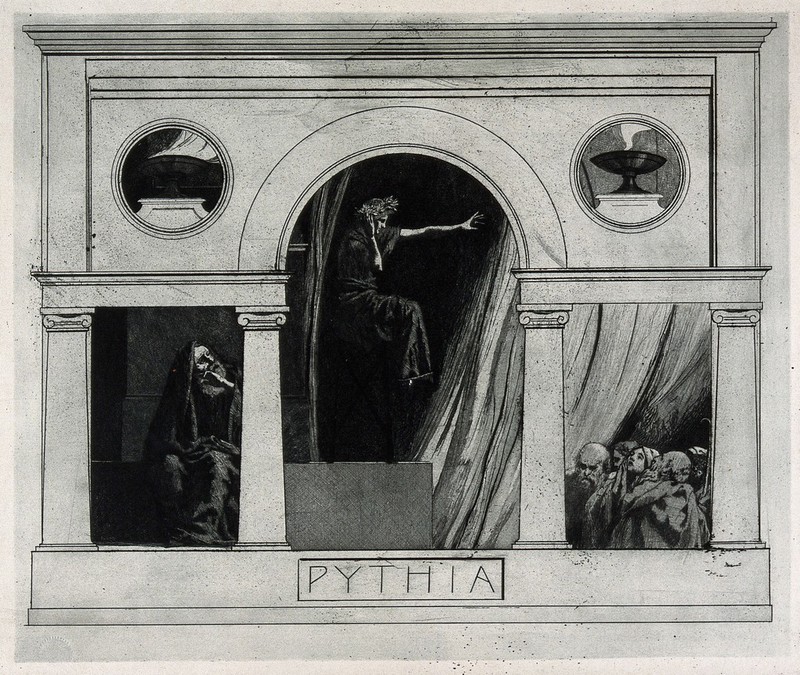 The Pythia of Delphi (Delphic oracle), in her temple, giving prophecies to people. Etching by M. Dasio, 1901., [1901], by Maximilian Dasio