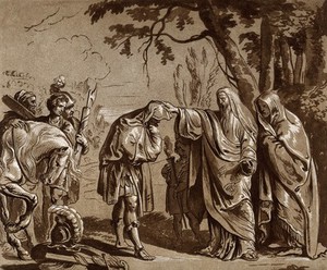 view A man wearing a cloak touching the head of a bowing man, during an outdoor ceremony. Aquatint by C.M. Metz after P.P. Rubens (?).