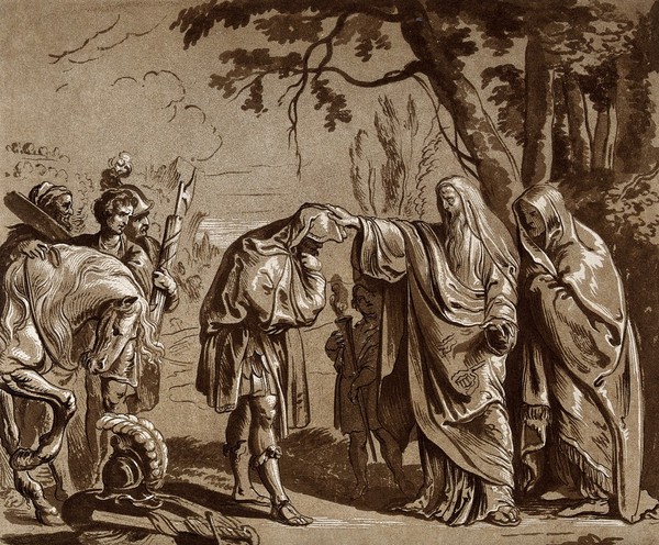 A man wearing a cloak touching the head of a bowing man, during an outdoor ceremony. Aquatint by C.M. Metz after P.P. Rubens (?).