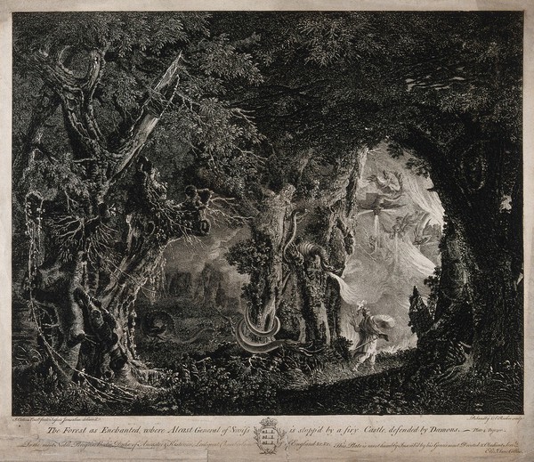 Alcasto in an enchanted forest, facing a castle defended by dragons and demons. Etching by P. Sandby and E. Rooker after J. Collins, ca. 1760.