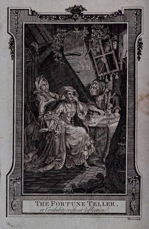 view A lavishly dressed lady is having her fortune told by a woman with cards. Etching by West, 17--, after J.E. Schenau.