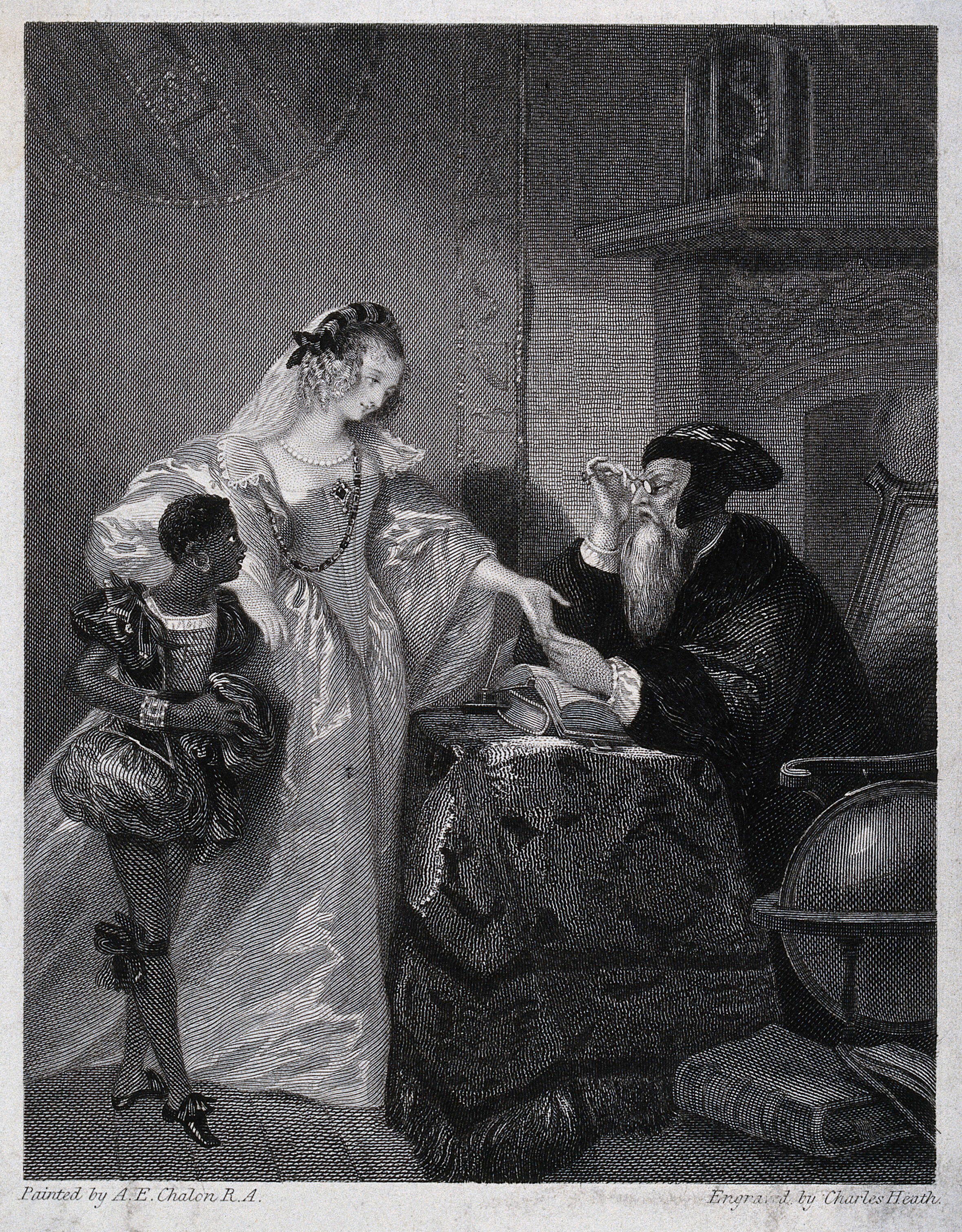 A lavishly dressed lady by her black servant is having her