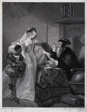 A lavishly dressed lady accompanied by her black servant is having her fortune told by a seated old man wearing a black cloak. Etching by C. Heath, 1830, after A.E. Chalon.