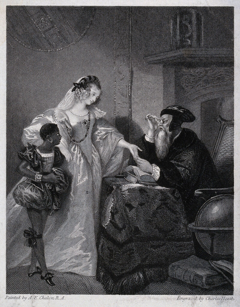 A lavishly dressed lady accompanied by her black servant is having her fortune told by a seated old man wearing a black cloak. Etching by C. Heath, 1830, after A.E. Chalon., [1830], by Alfred Edward Chalon