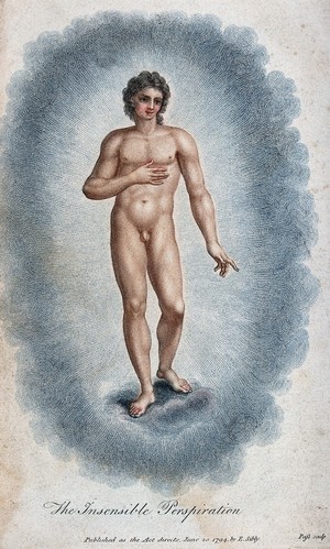 view A young man holding his hand to his heart, emanating insensible perspiration. Colour stipple engraving by J. Pass, 1794, after E. Sibly.