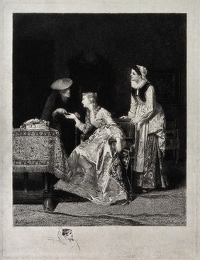 A fortune-teller is reading a young woman's hand; a servant is standing behind the young woman. Etching by A. Lalauze after F. Willems.