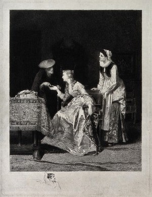 view A fortune-teller is reading a young woman's hand; a servant is standing behind the young woman. Etching by A. Lalauze after F. Willems.