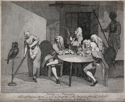 Five men congregated round a table, two of whom hold out the palm of their hands. Etching by J. Haynes after W. Hogarth, 1782.