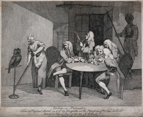 Five men congregated round a table, two of whom hold out the palm of their hands. Etching by J. Haynes after W. Hogarth, 1782.