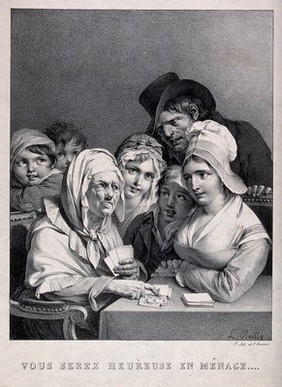 A young woman of humble origins, surrounded by children, is being told by a fortune teller that she will have a happy marriage. Lithograph by C. Constans after L. Boilly, 1824.