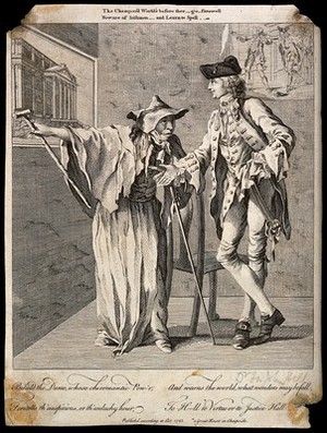 view Mary Squires the fortune teller foretells the future to Sir John Hill: she indicates that she has support from the Lord Mayor of London. Etching, 1753.