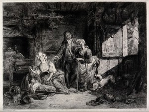 view An old fortune-teller is visiting a couple and their newborn baby, whose birth she had predicted. Etching by F.A. Milius after S. Freudenberger, 1860/1890.