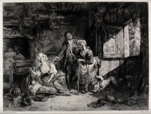 An old fortune-teller is visiting a couple and their newborn baby, whose birth she had predicted. Etching by F.A. Milius after S. Freudenberger, 1860/1890.