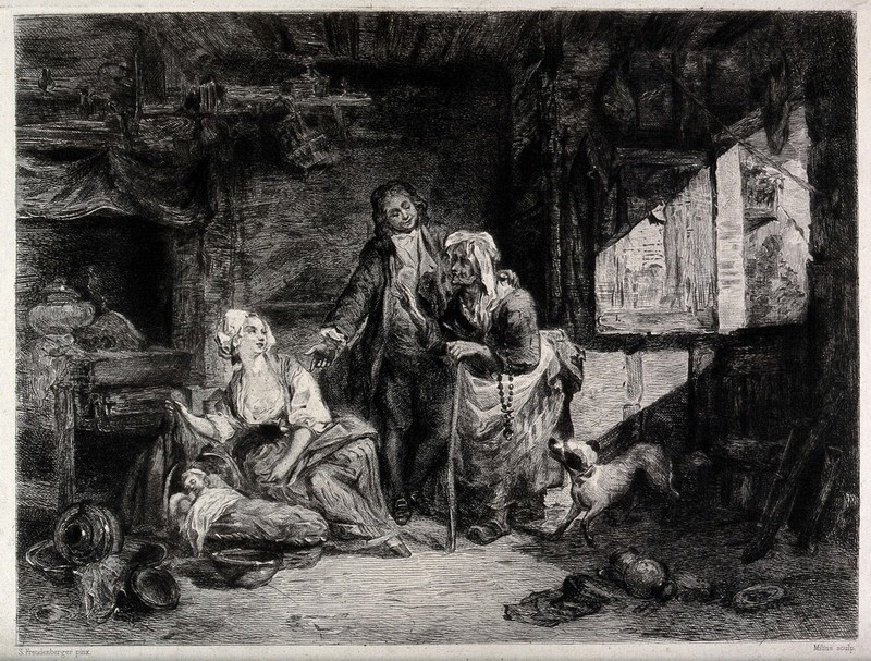 An old fortune-teller is visiting a couple and their newborn baby, whose birth she had predicted. Etching by F.A. Milius after S. Freudenberger, 1860/1890., [1860/1890], by Sigmund Freudenberger