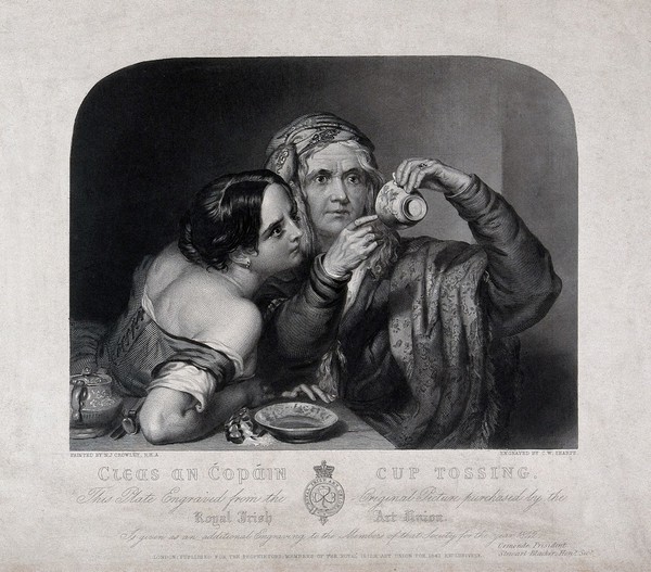 An old fortune-teller is reading a young woman's fortune by looking at tea leaves at the bottom of a cup. Engraving by C.W. Sharpe after N.J. Crowley, 1842.