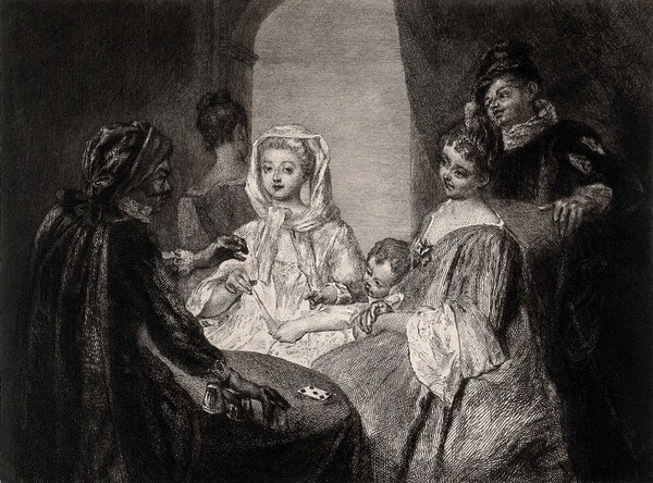 Two ladies, seated, with a child between them, being entertained by a magician who performs tricks with cups and balls. Etching by R. Rhodon after P. Mercier, 1882.