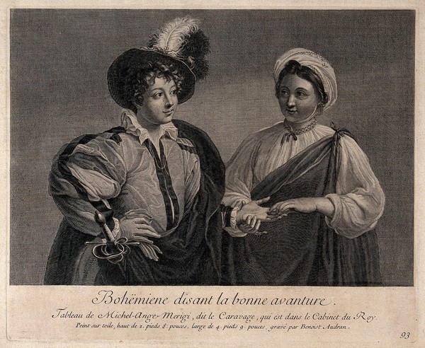 A fortune-teller reading a gentleman's palm. Engraving by B. Audran after Michelangelo Merisi, il Caravaggio, 1729.