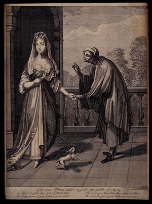 view An old fortune-teller is looking at a young woman's palm. Engraving, 1670/1700.