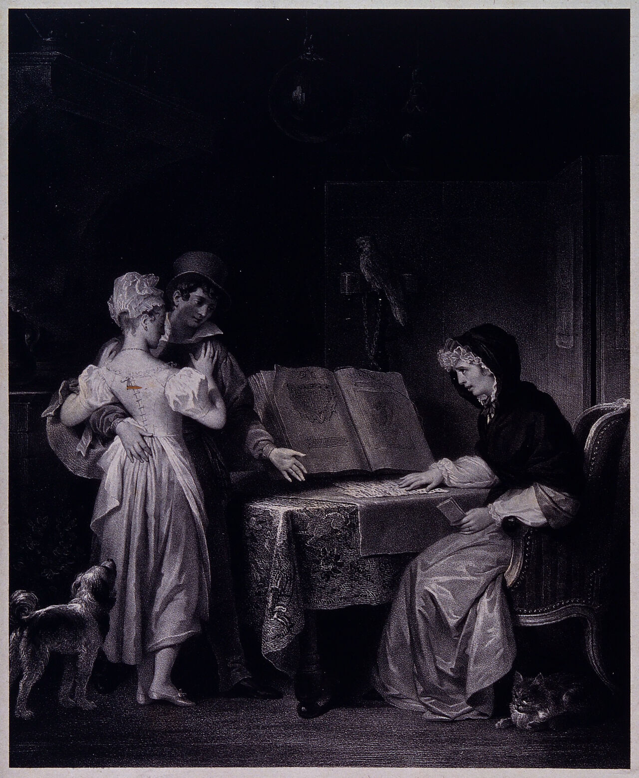 A fortune-teller reading the fortune of a young couple. Lithograph by L. Noël, 1830, after M. Gérard., 1830, by Marguerite Gérard