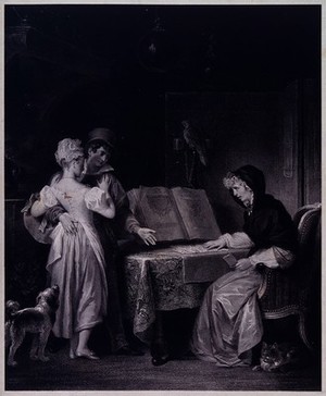 view A fortune-teller reading the fortune of a young couple. Lithograph by L. Noël, 1830, after M. Gérard.