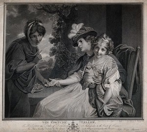 view A fortune-teller is reading the palm of a woman with little girl on her lap. Engraving by J.K. Sherwin after J. Reynolds, 1786.