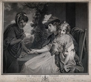 A fortune-teller is reading the palm of a woman with little girl on her lap. Engraving by J.K. Sherwin after J. Reynolds, 1786.