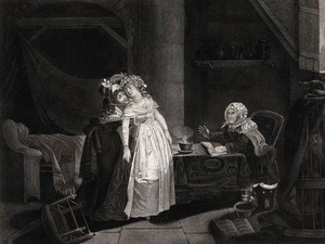 view A young woman dressed in white faints after hearing the predictions of a fortune-teller. Engraving by L.S. (?) L'Empereur after H. van Gorp, 1800/1810.