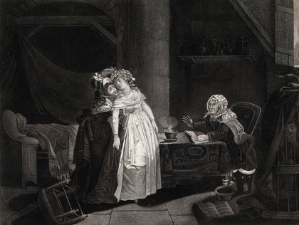 A young woman dressed in white faints after hearing the predictions of a fortune-teller. Engraving by L.S. (?) L'Empereur after H. van Gorp, 1800/1810.