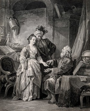 view A fortune-teller reading the palm of a young woman accompanied by a young man wearing oriental clothes. Etching by I.-S. Helman, 1785, after J.-B. Le Prince.