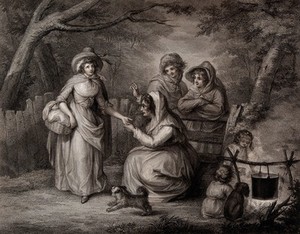view A Romany fortune-teller is reading the palm of a young woman suffering unrequited love; two other Romany women are leaning over a fence and children are sitting around a fire. Etching by P.W. Tomkins after H.W. Bunbury, 1791.