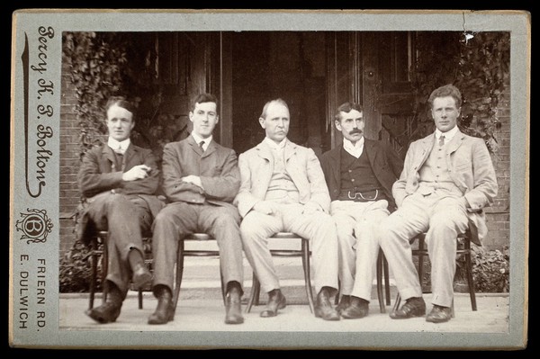 C.J. (or C.T.) Symons, Sir Henry Hallett Dale, Walter Dowson, H.J. Südmersen and George Barger. Photograph by Percy K.P. Bolton, 1905/1906.