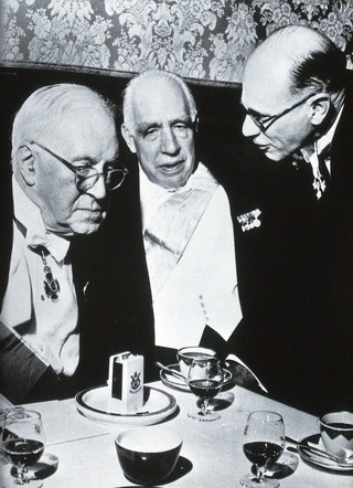 Sir Henry Hallett Dale, Niels Bohr and Sir Michael Perrin. Photograph, 1956.