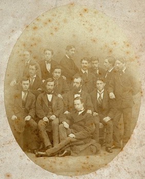 John (?) Bishop (seated centre with beard ?), a surgeon, with his staff (of Edinburgh Royal Infirmary ?). Photograph, 1870.