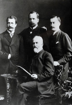 view The Langerhans family: Paul Langerhans with his father, Paul senior, and step-brothers, Robert (left) and Richard (right). Copy photograph, ca. 1960 (?) after the original photograph, 1884.