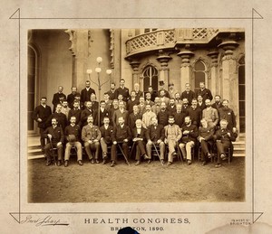 view Health Congress, Brighton: fifty two delegates outside the Royal Pavilion (?). Photograph by Burt Sharp, 1890.