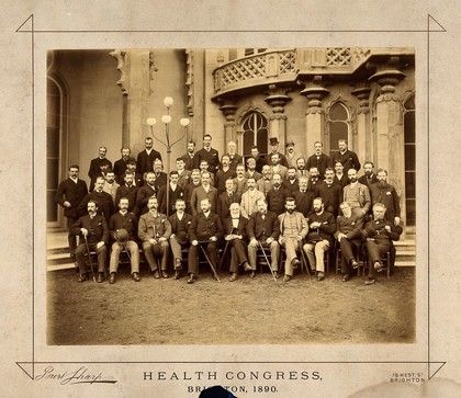 Health Congress, Brighton: fifty two delegates outside the Royal Pavilion (?). Photograph by Burt Sharp, 1890.