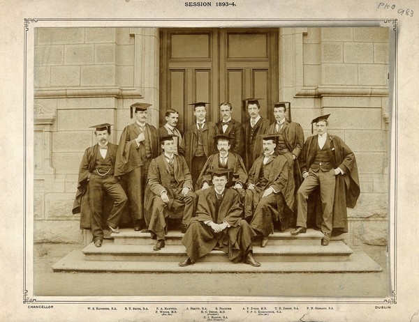 Trinity College, Dublin: Biological Association members on the steps of a College building. Photograph by J. Chancellor, 1893.