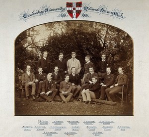 view Cambridge University: the Natural Science Club; surmounted by the University crest. Photograph, 1885.