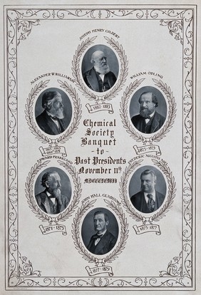 The Chemical Society, London: six past presidents, each in a roundel, head and shoulders. Process print, 1898.