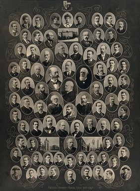 Aberdeen University: the Faculty of Medicine and medical class of 1897-1902, each in a roundel, head and shoulders. Process print, 1902.