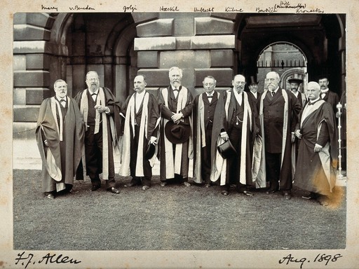Fourth International Congress of Zoology (?), Cambridge University; nine scientists, in academic dress. Photograph by F.J. Allen (?), 1898.
