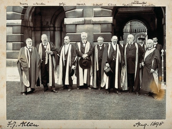 Fourth International Congress of Zoology (?), Cambridge University; nine scientists, in academic dress. Photograph by F.J. Allen (?), 1898.