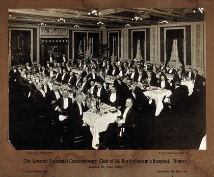 St Bartholomew's Hospital, Seventh Decennial Contemporary Club at dinner in the Trocadero Restaurant, London. Photograph, July 6th, 1904.