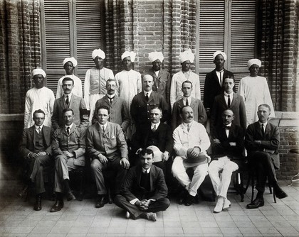 Henry Solomon Wellcome (seated centre) with staff of the Wellcome Tropical Research Laboratories, Khartoum. Copy photograph, 1923, after the (1910?) original.