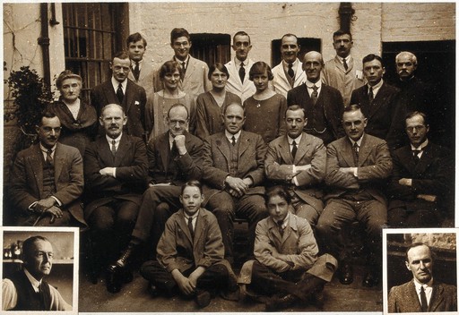The Wellcome Bureau of Scientific Research: group staff portrait includes the Bureau director Dr Andrew Balfour (seated centre) and his successor Dr Charles Wenyon (seated to his left). Photograph, 1923.