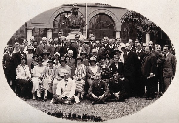 British Orthopaedic Association Meeting: group portrait of members includes Sir Robert Jones (seated, third row, centre), in the grounds of the Rizzoli Institute, Bologna, 22nd September 1924. Photograph, 1924.