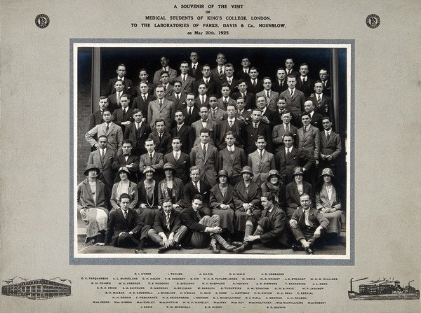 King's College (London) medical students visiting the Parke, Davis & Co. Laboratories, Hounslow. Photograph, 1925.