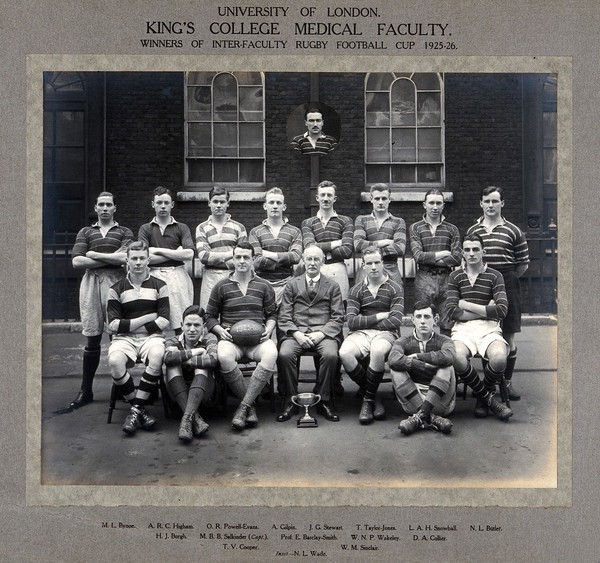 King's College (London) Medical Faculty Rugby Team: group portrait of winning team with cup for the 1925-1926 season. Photograph, 1926.