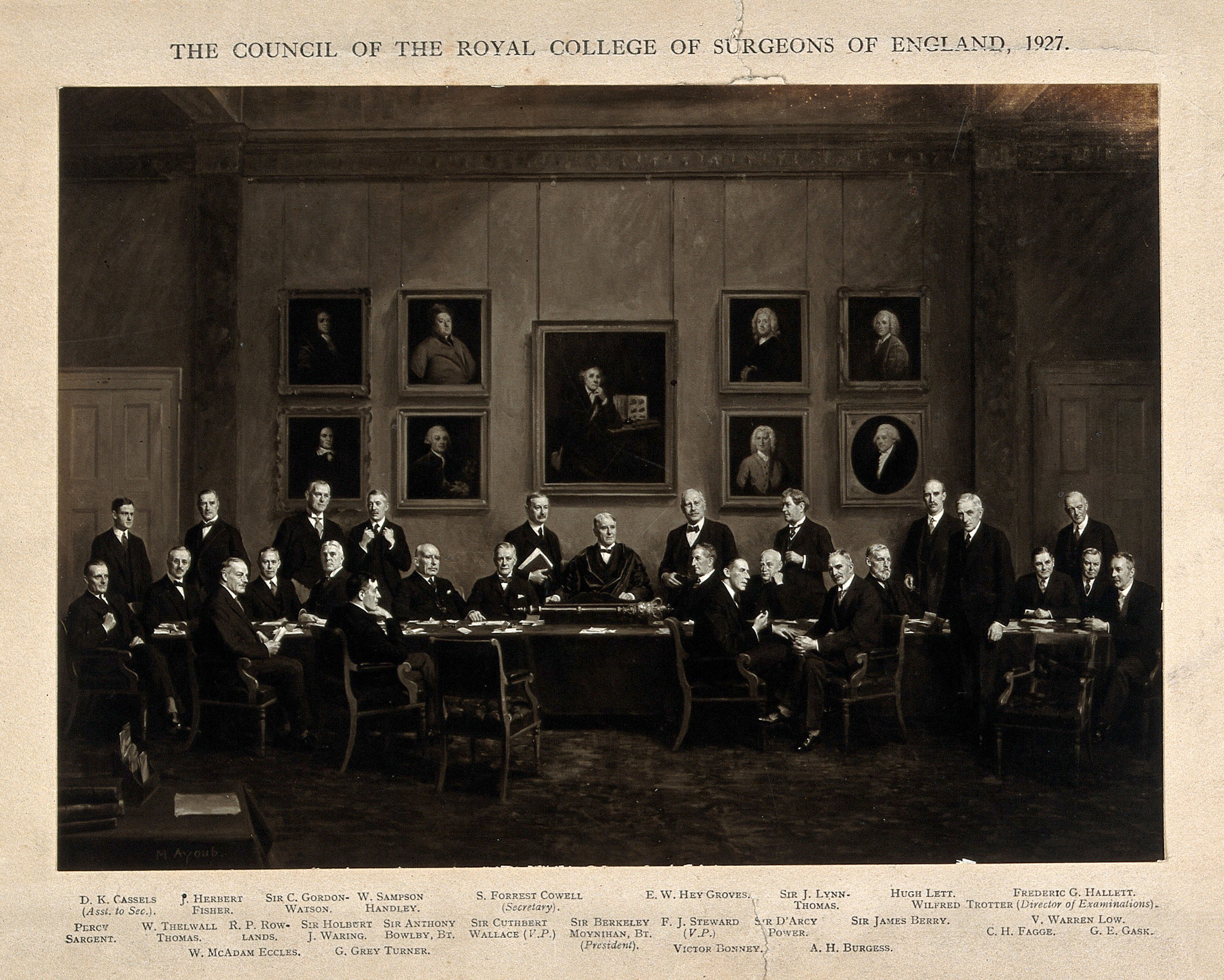 A meeting of the Council of the Royal College of Surgeons in the Council Chamber, 1927. Photograph after M. Ayoub, 1927.