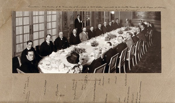 A luncheon given by the British government to the League of Nations' committee of specialists in child welfare, London 1928. Photograph, 1928.